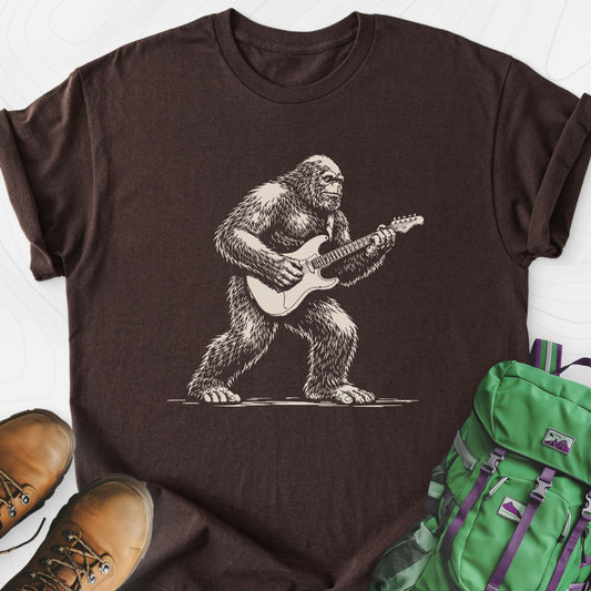Bigfoot Guitar Solo Dark Chocolate front print lightweight T-shirt