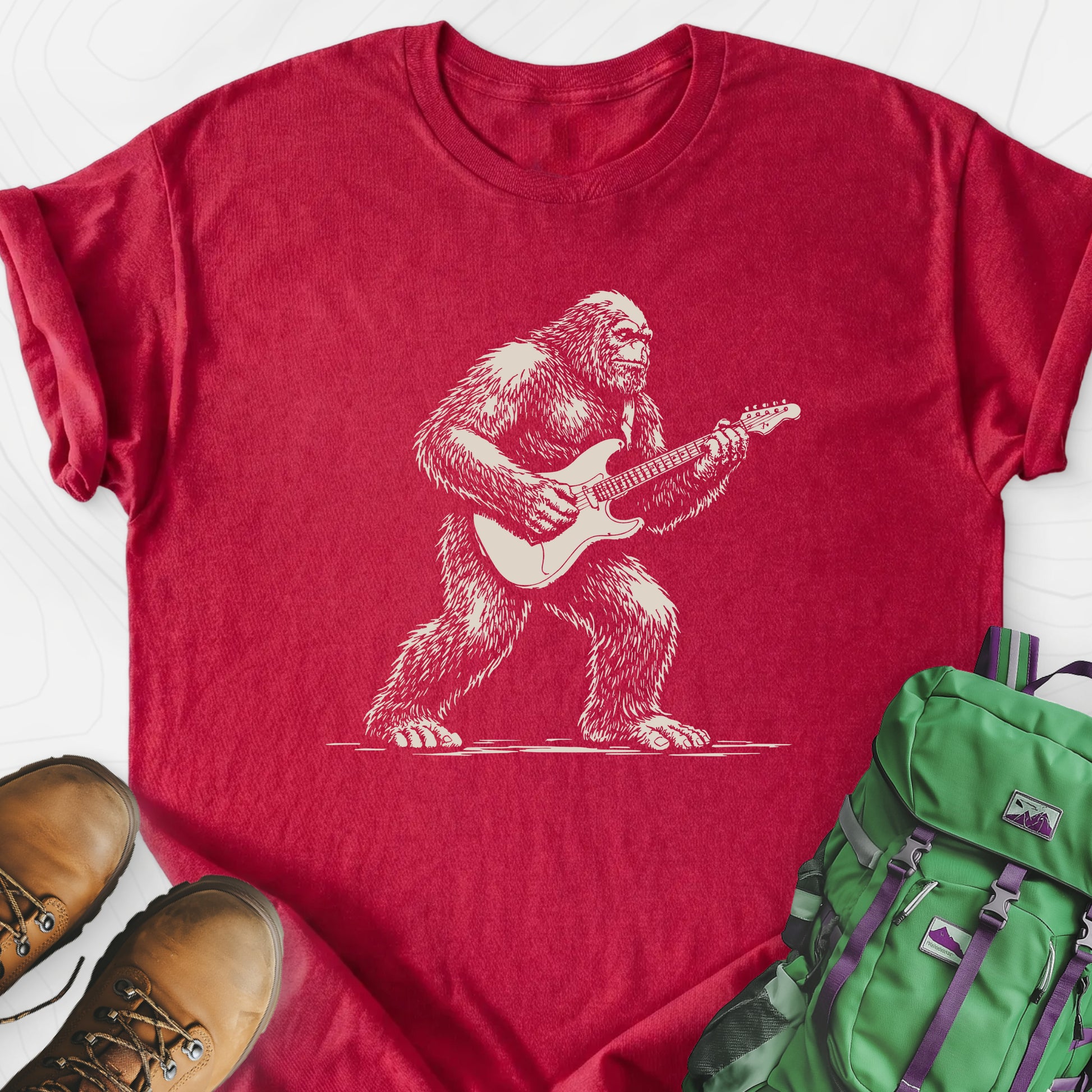 Bigfoot Guitar Solo Heather Red front print lightweight T-shirt