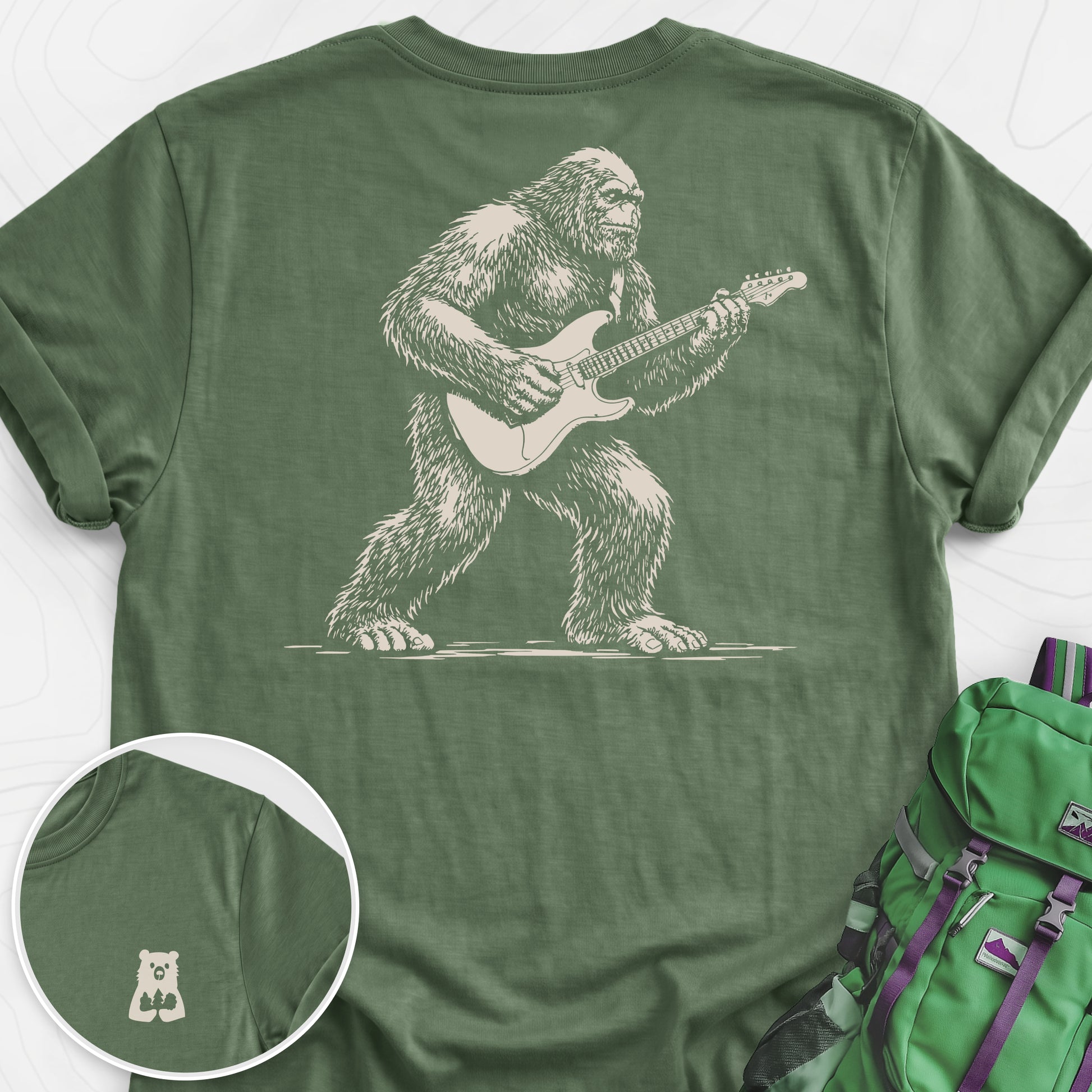 Bigfoot Guitar Solo Military Green back print lightweight T-shirt