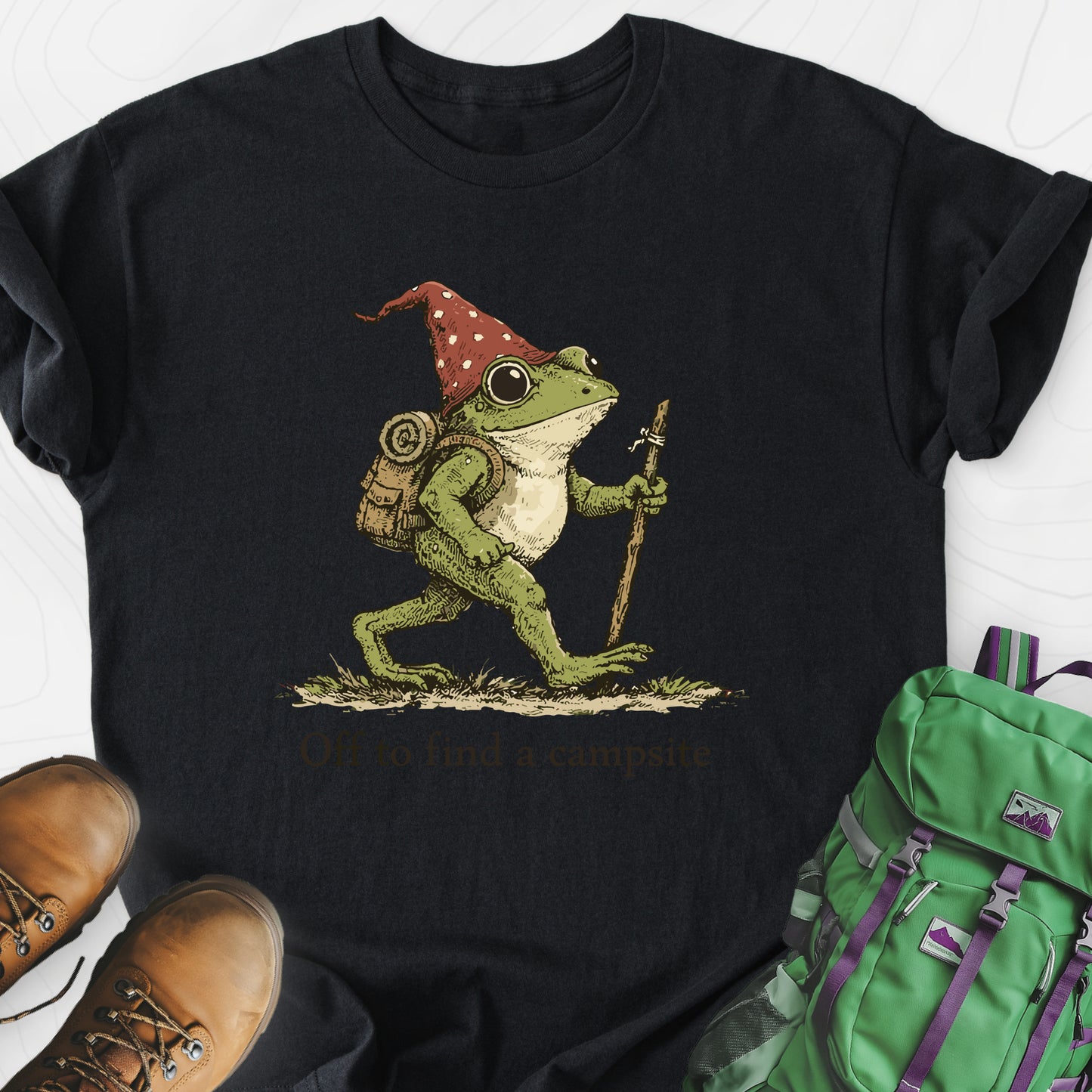 Off to Find a Campsite Black front print lightweight T-shirt