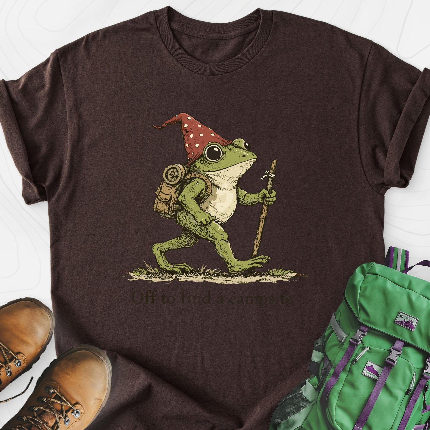 Off to Find a Campsite Dark Chocolate front print lightweight T-shirt