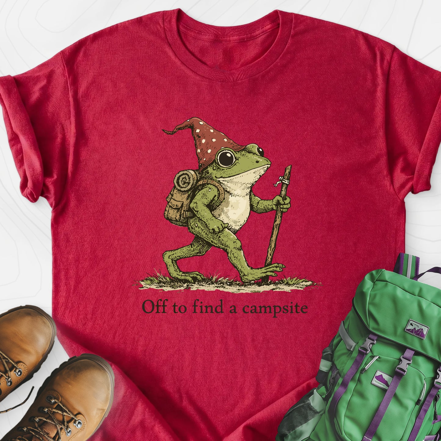 Off to Find a Campsite Heather Red front print lightweight T-shirt