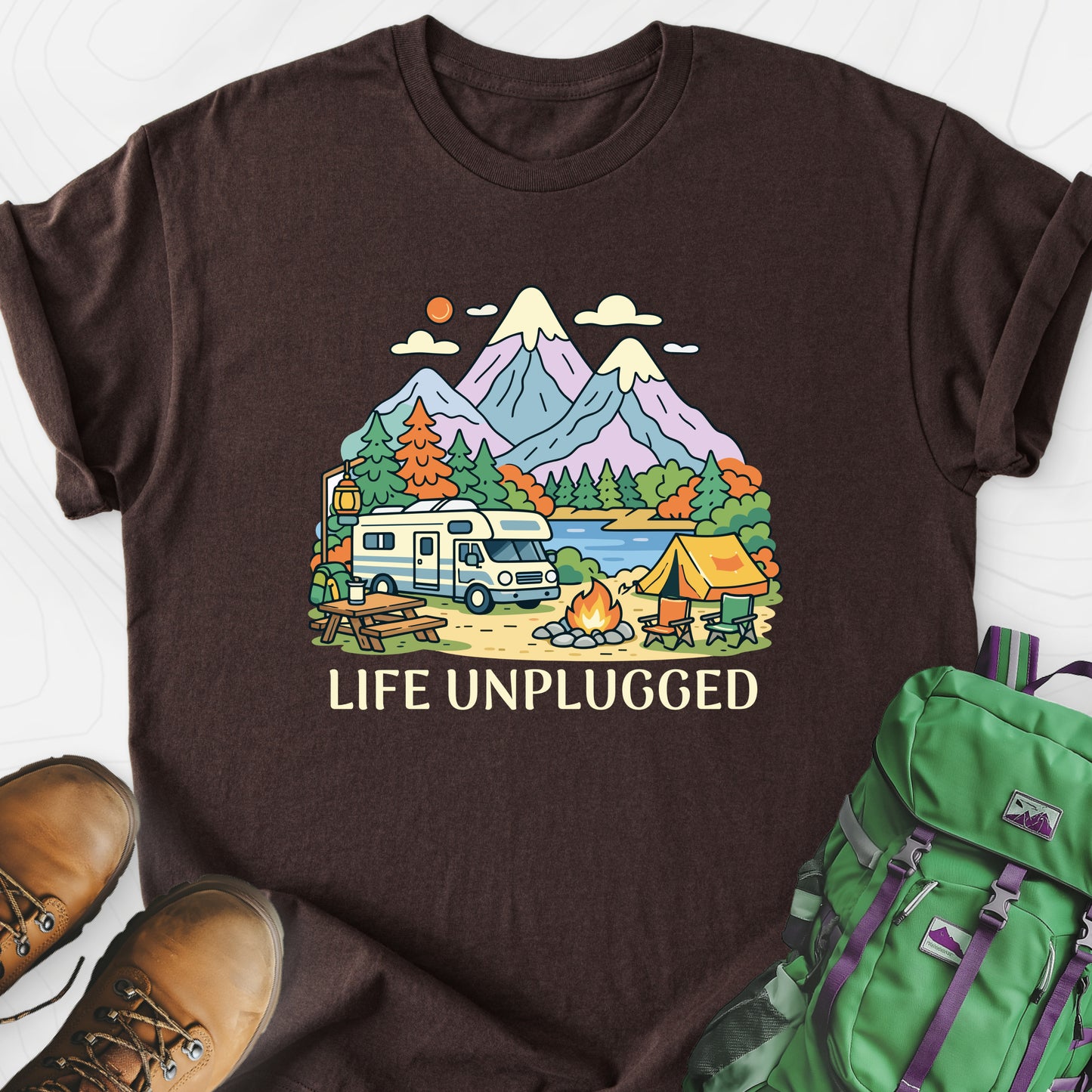 Life Unplugged Dark Chocolate front print lightweight T-shirt