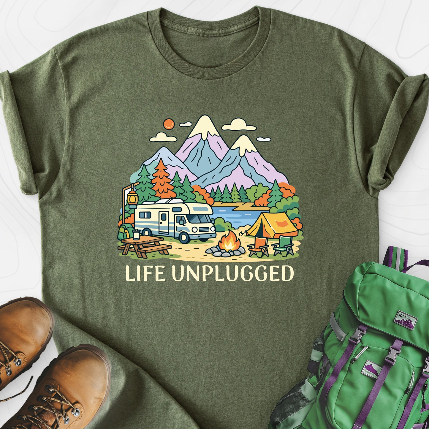 Life Unplugged Military Green front print lightweight T-shirt