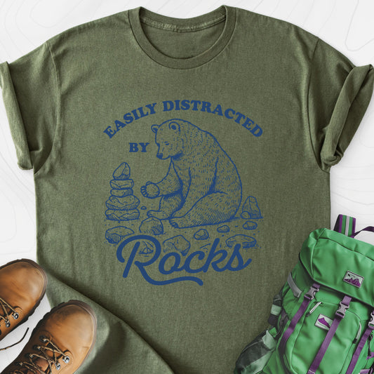 Easily Distracted by Rocks Military Green front print lightweight T-shirt