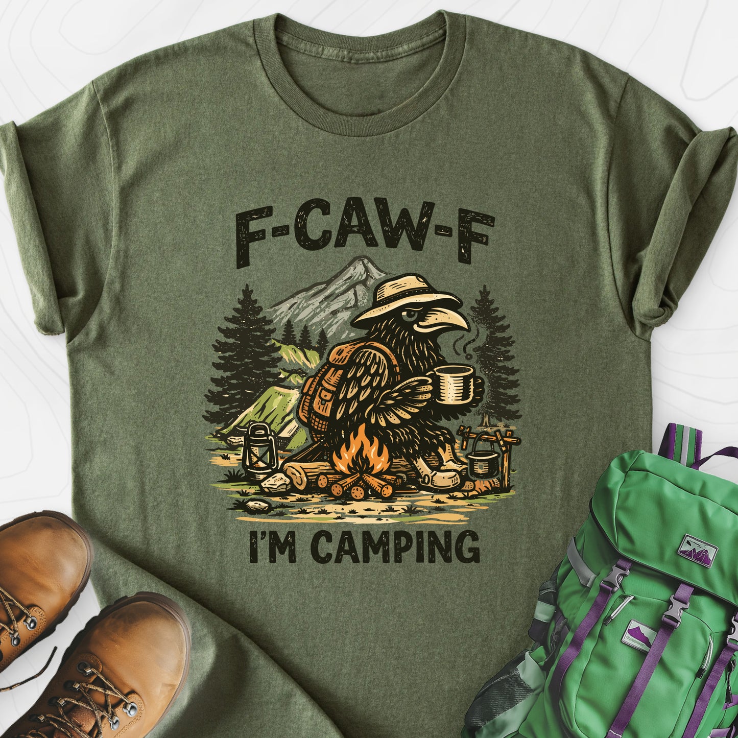 F-Caw-F I’m Camping Military Green front print lightweight T-shirt