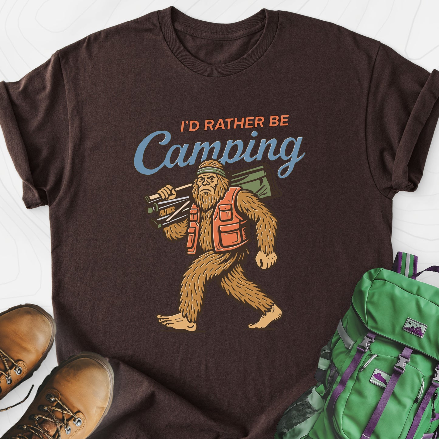 I’d Rather Be Camping Dark Chocolate front print lightweight T-shirt