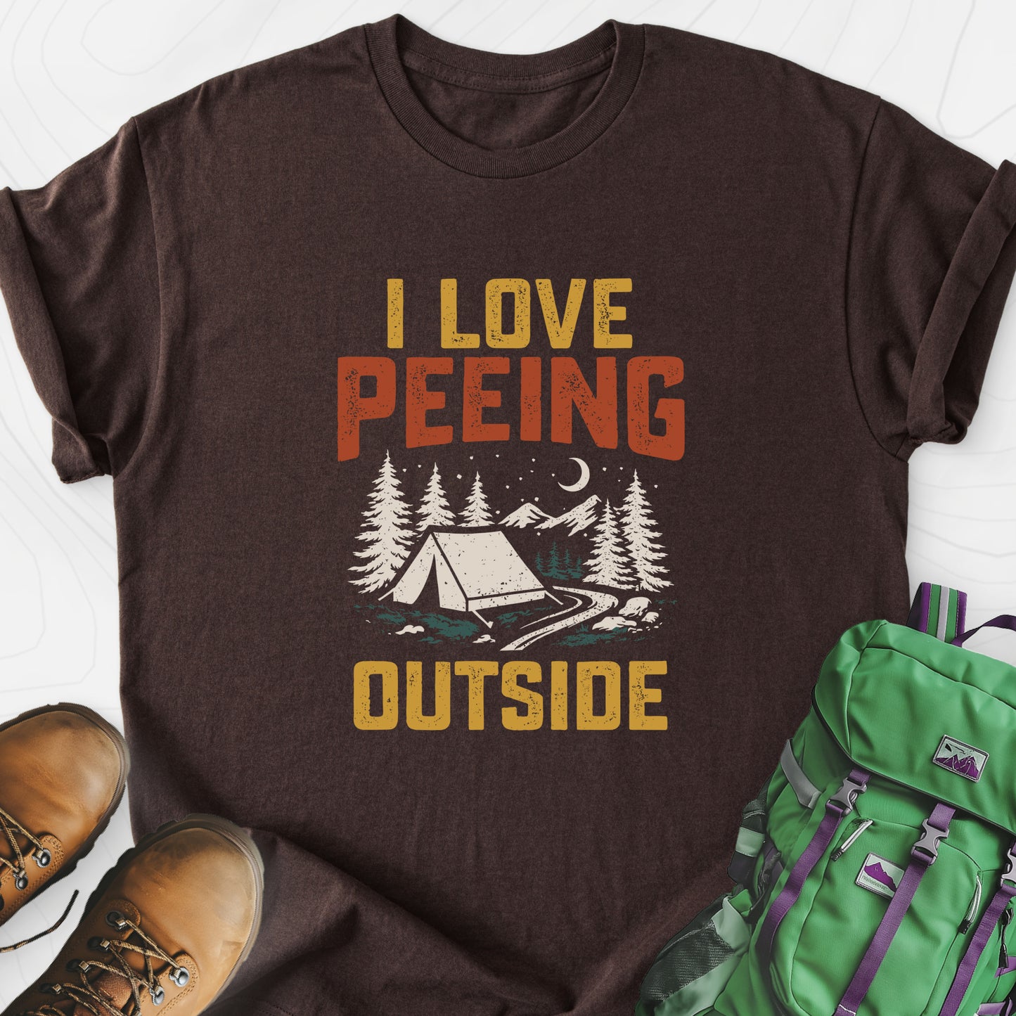 Peeing Outside Dark Chocolate front print lightweight T-shirt