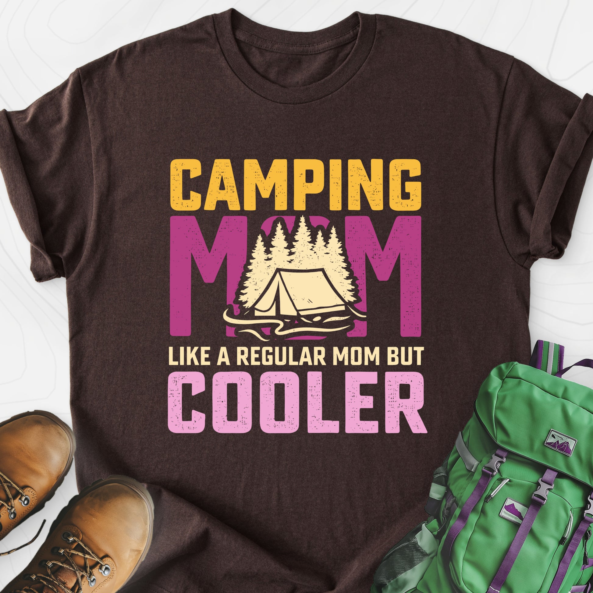 Camping Mom Dark Chocolate front print lightweight T-shirt