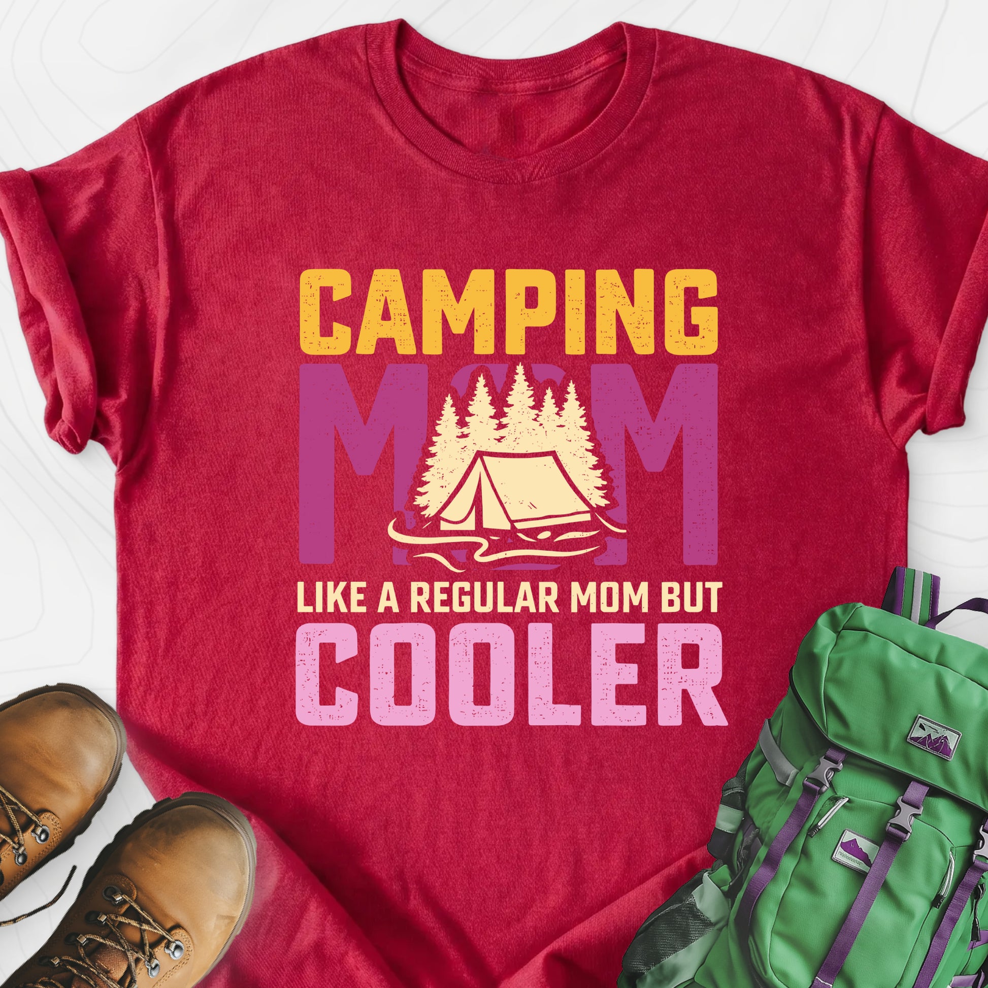 Camping Mom Heather Red front print lightweight T-shirt