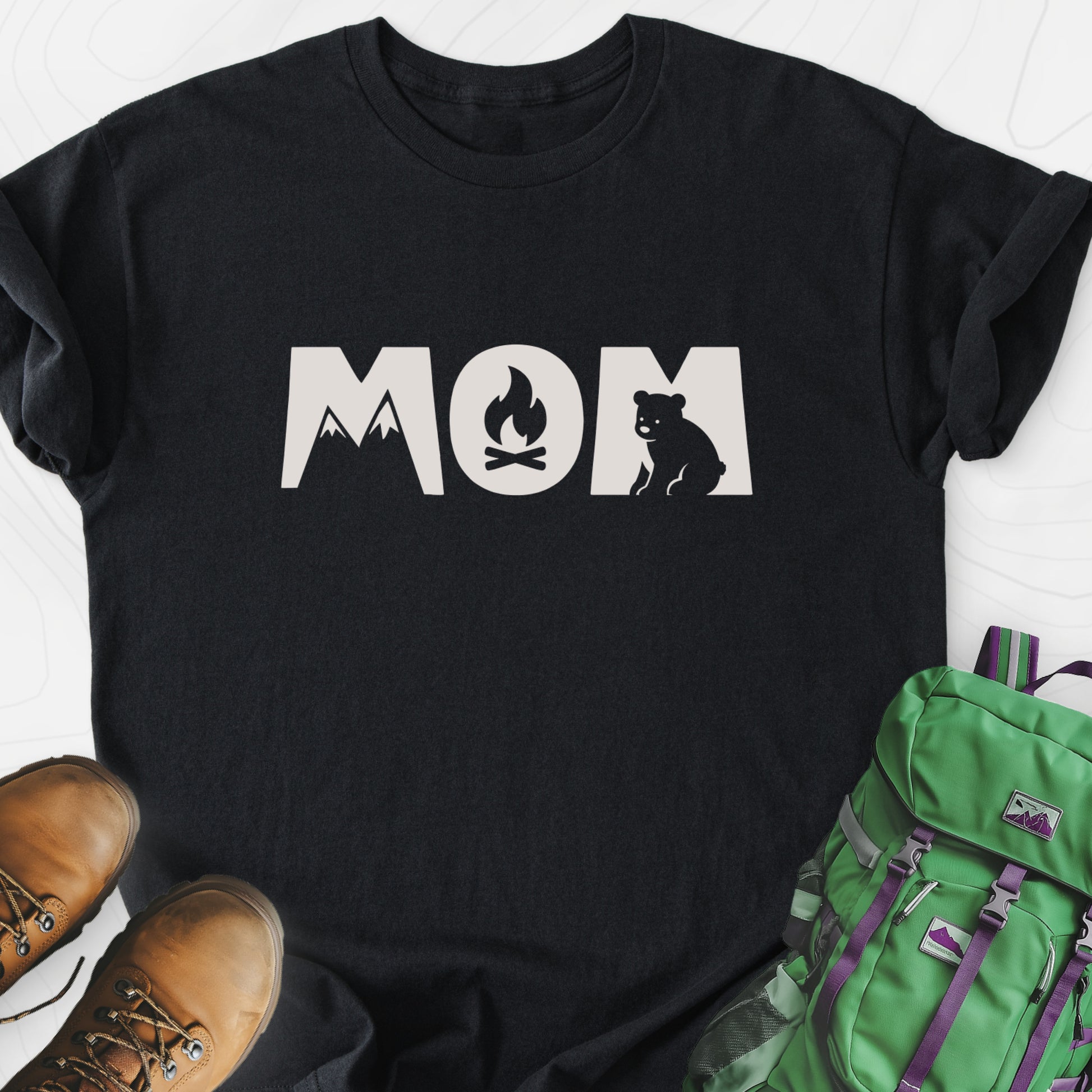 Camping Mom Icons Black front print lightweight T-shirt