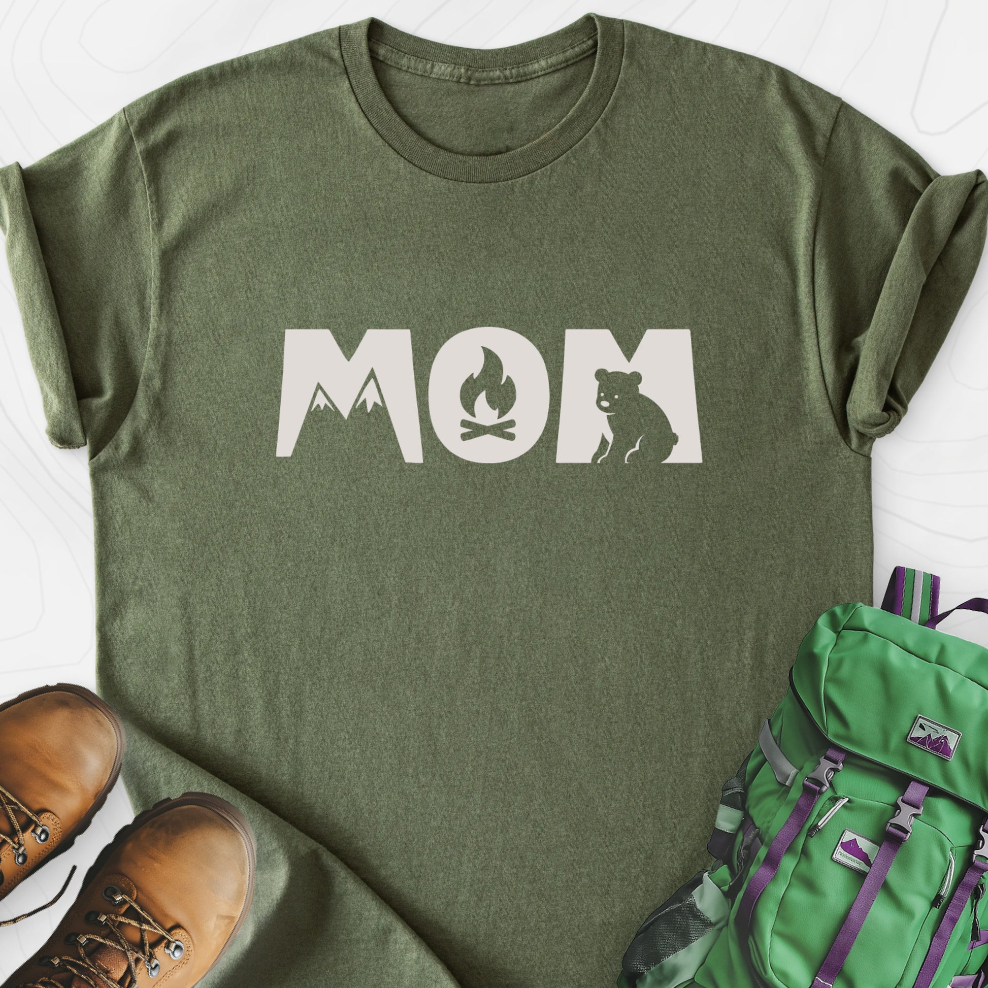 Camping Mom Icons Military Green front print lightweight T-shirt