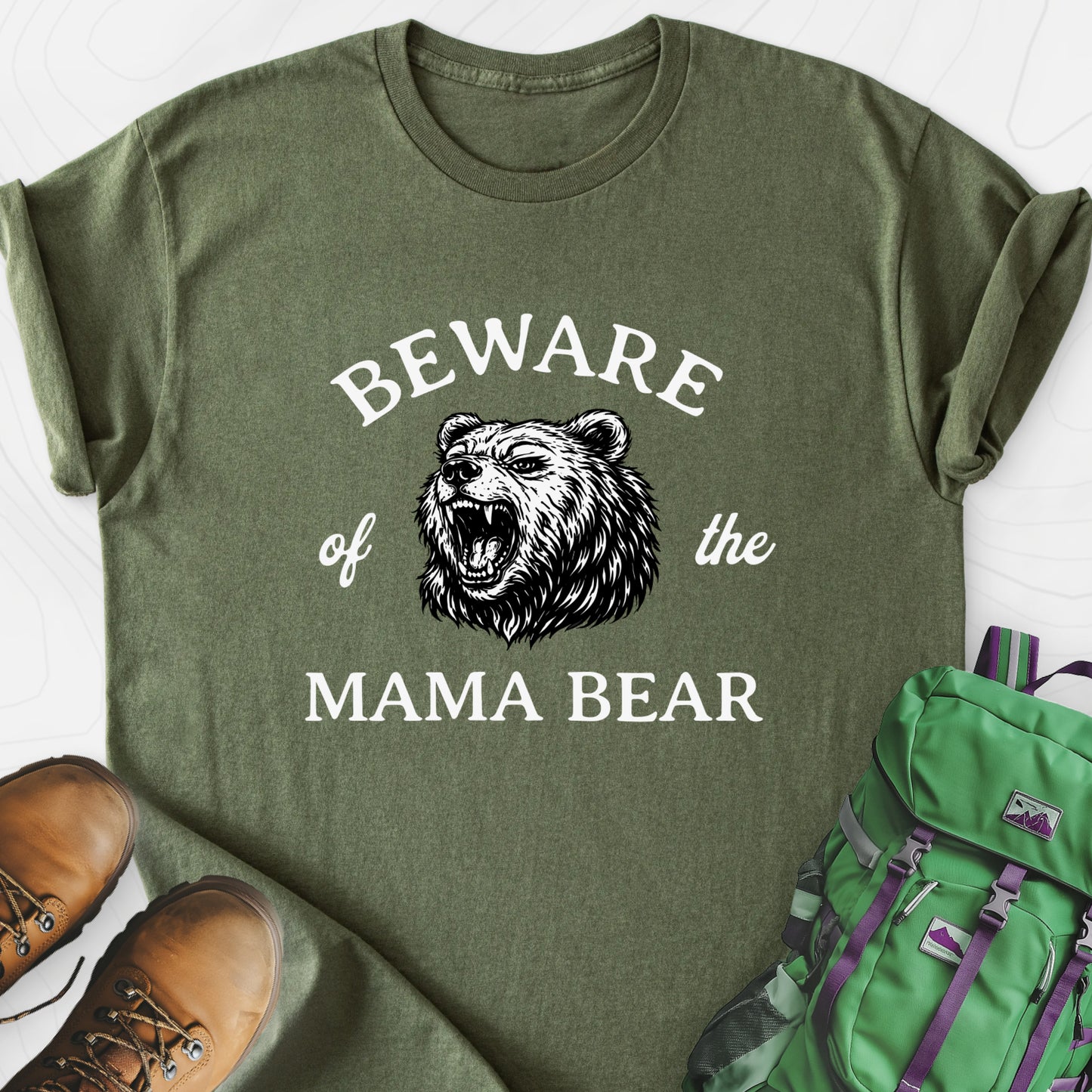Beware of Mama Bear Military Green front print lightweight T-shirt