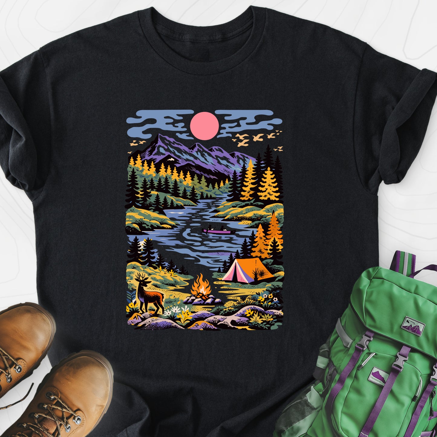 Wilderness Canoe Black front print lightweight T-shirt