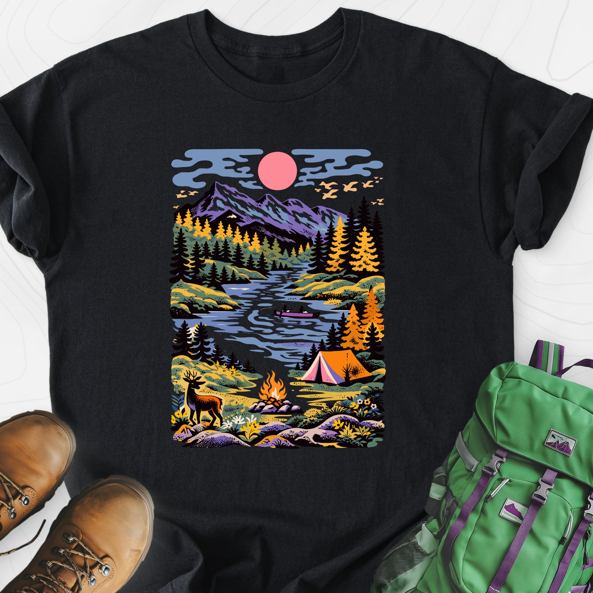 Wilderness Canoe Black front print lightweight T-shirt