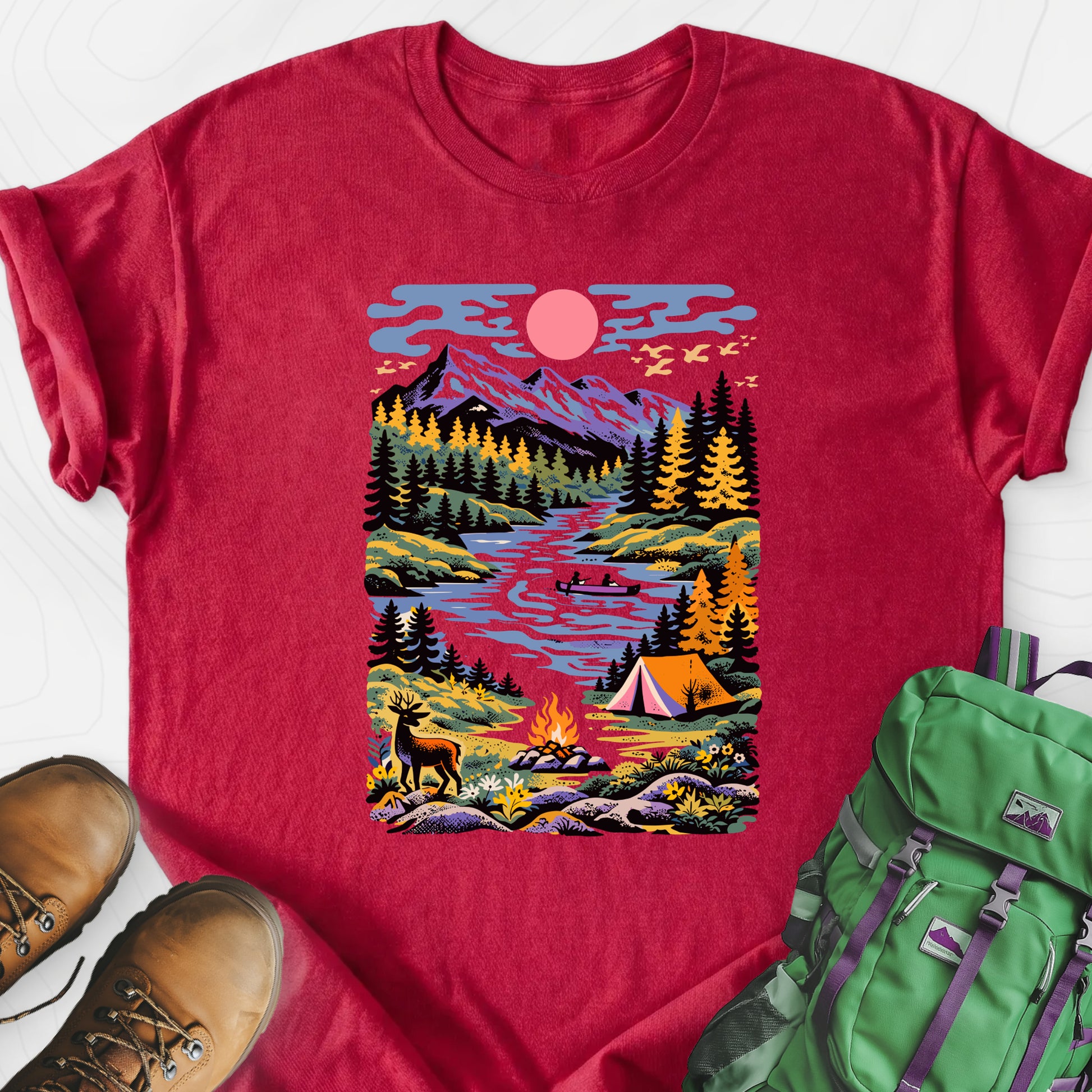 Wilderness Canoe Heather Red front print lightweight T-shirt