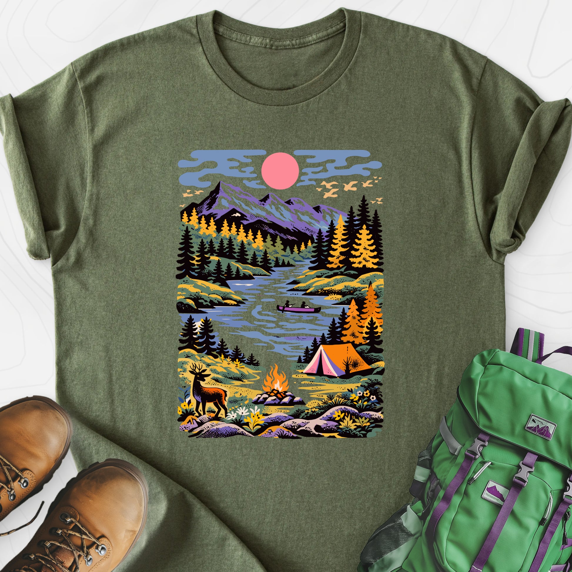Wilderness Canoe Military Green front print lightweight T-shirt