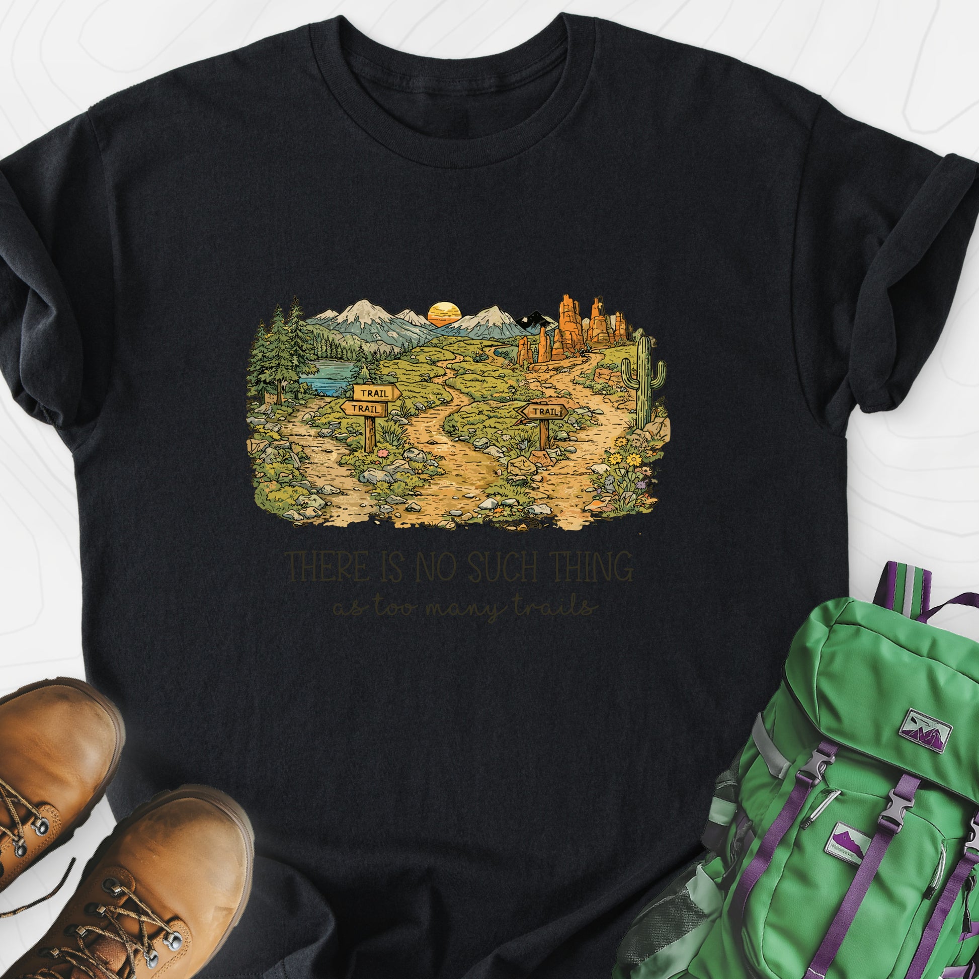 Too Many Trails Black front print lightweight T-shirt