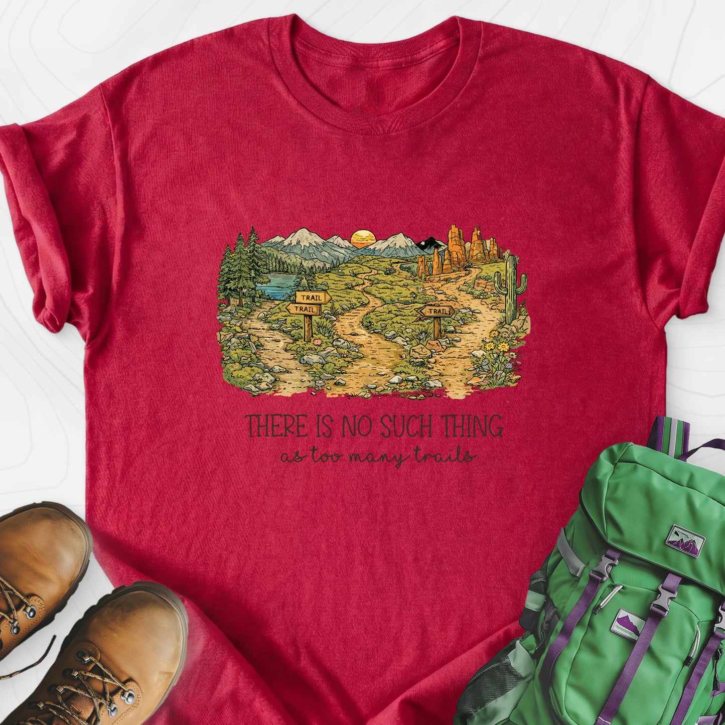 Too Many Trails Heather Red front print lightweight T-shirt
