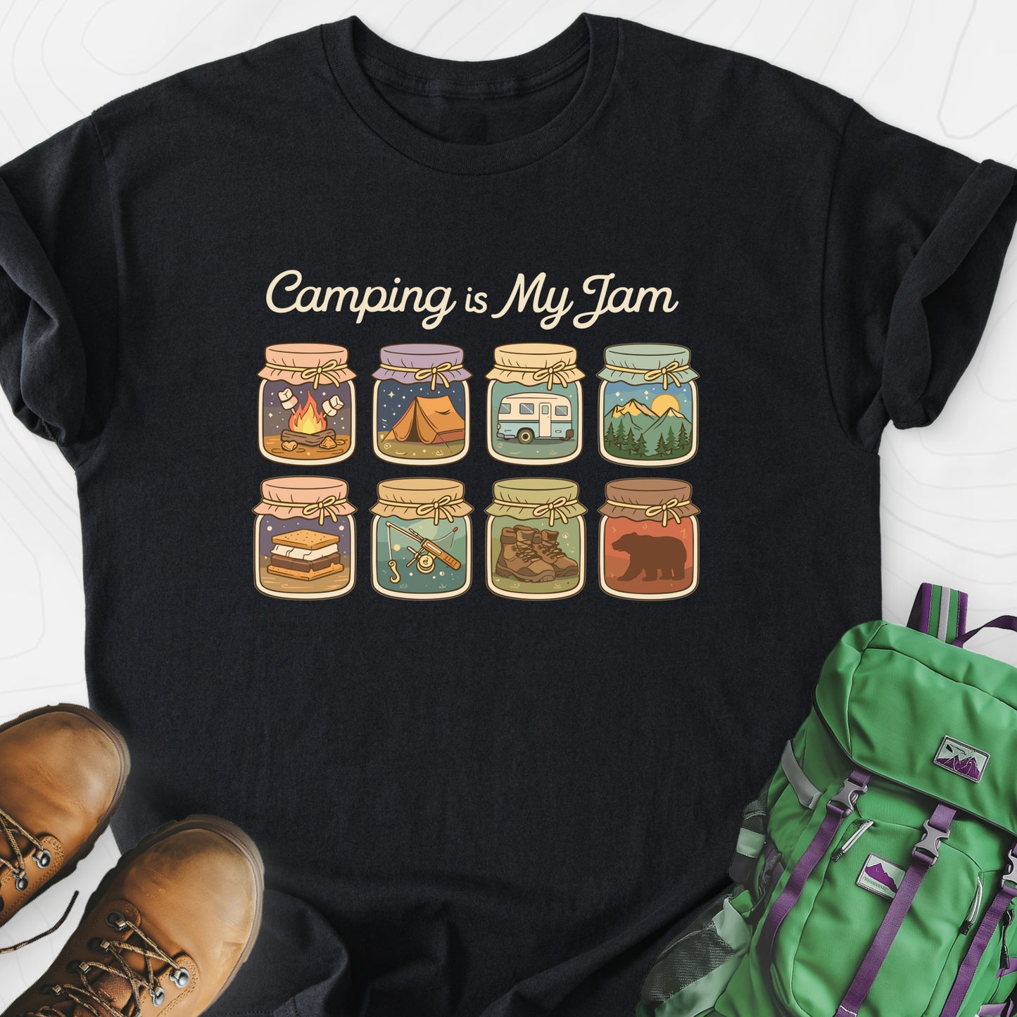 Camping Is My Jam Black front print lightweight T-shirt