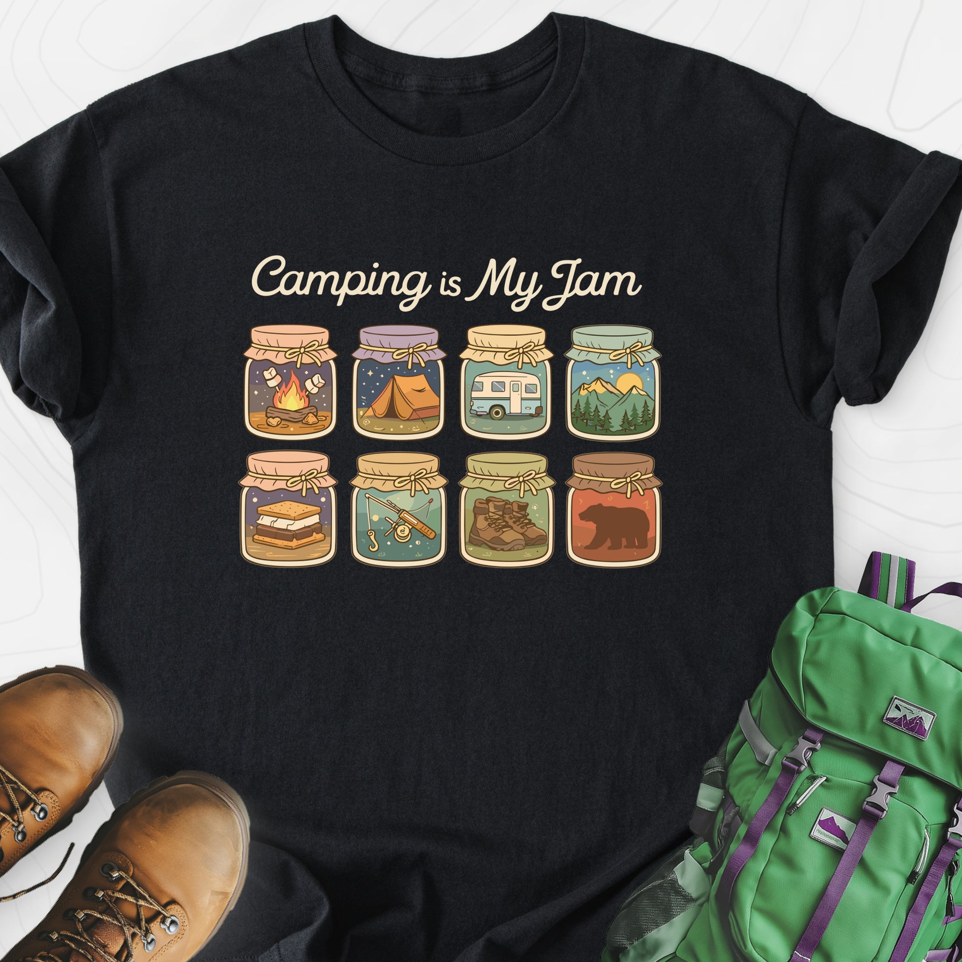 Camping Is My Jam Black front print lightweight T-shirt