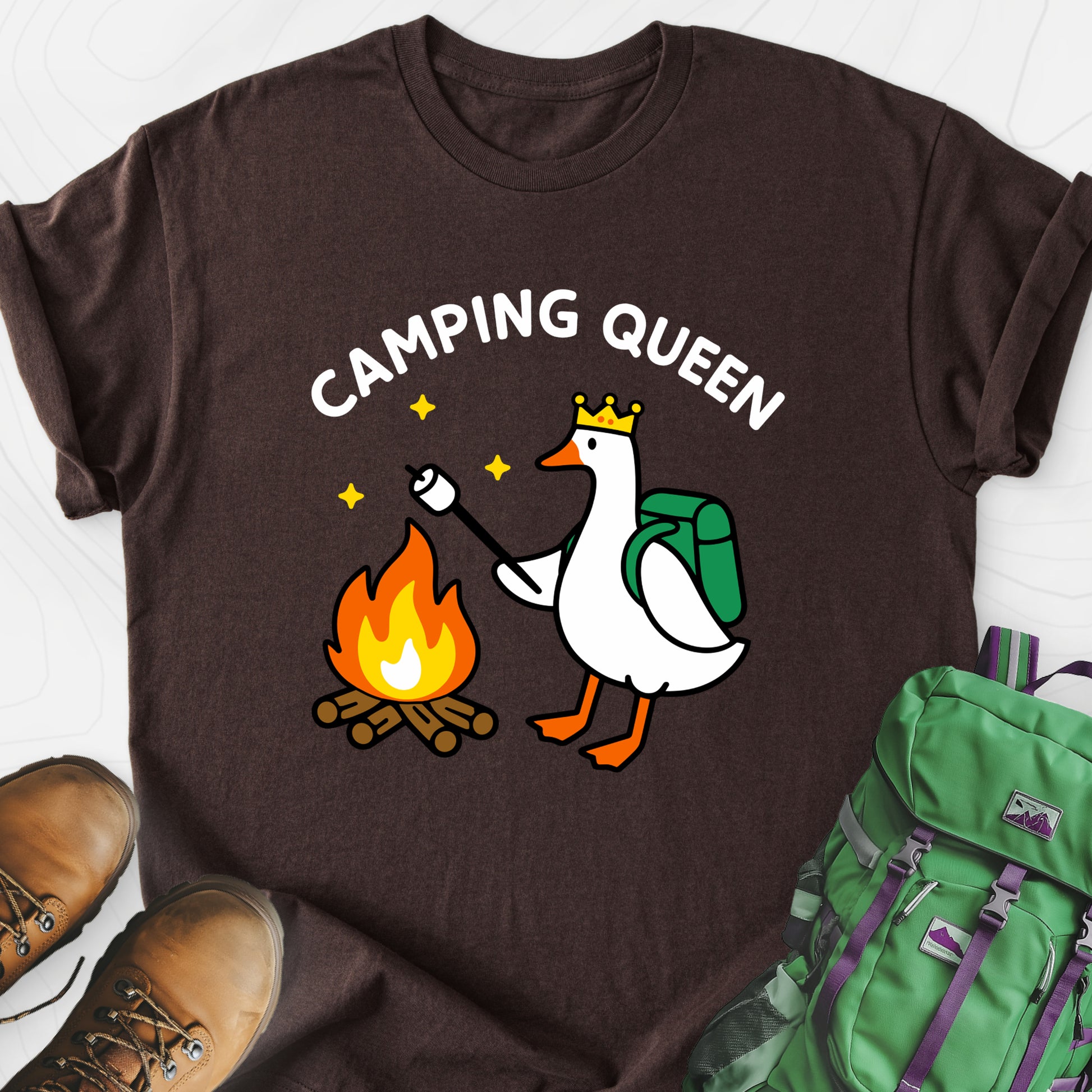 Camping Queen Dark Chocolate front print lightweight T-shirt