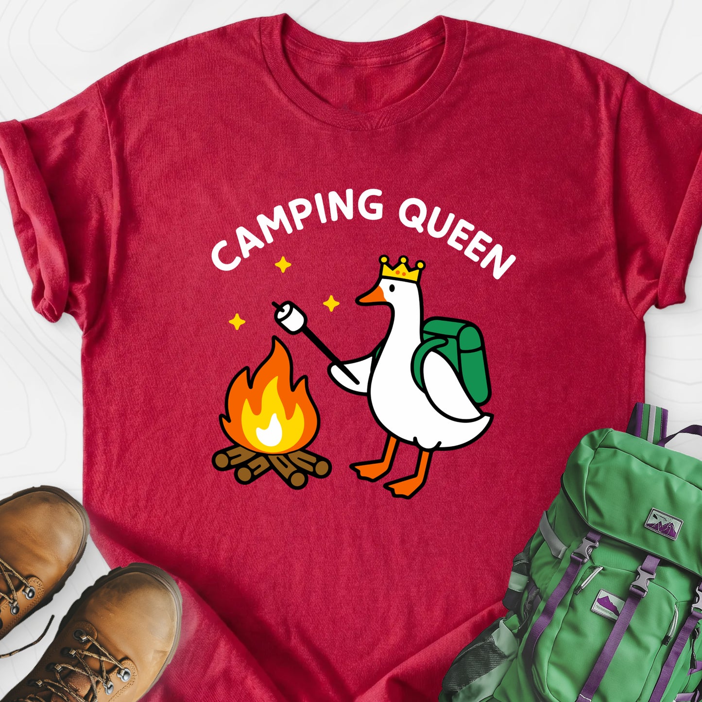 Camping Queen Heather Red front print lightweight T-shirt