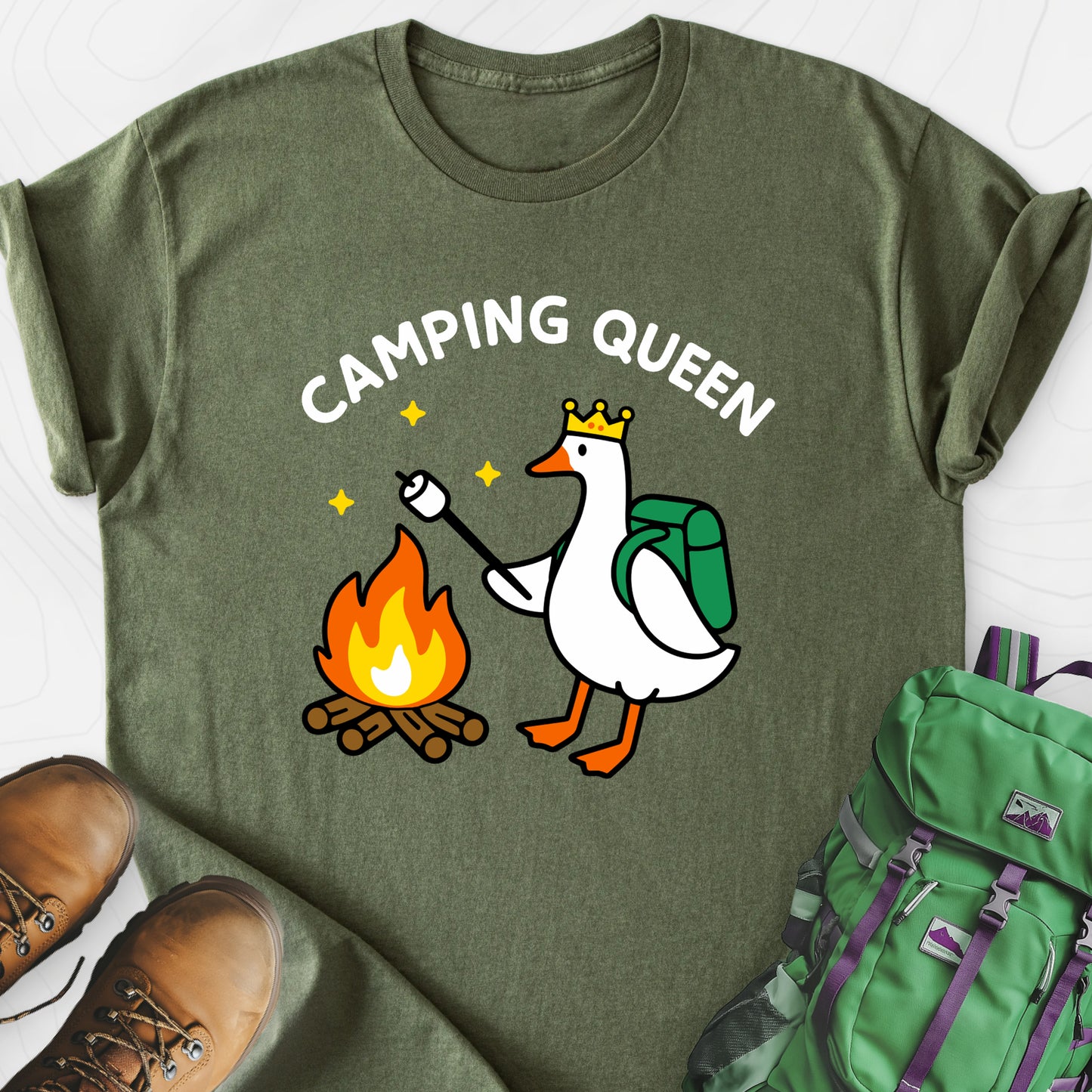 Camping Queen Military Green front print lightweight T-shirt