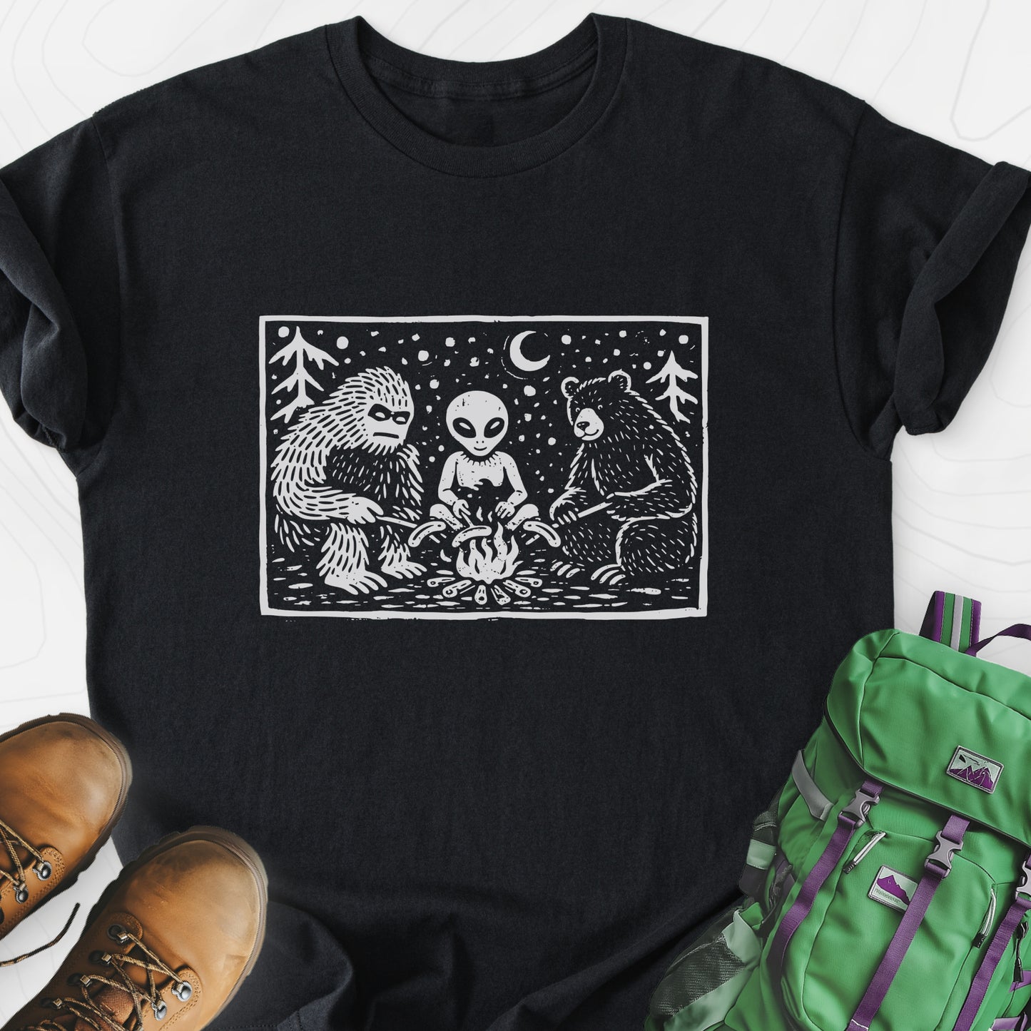 Campfire Legends Black front print lightweight T-shirt
