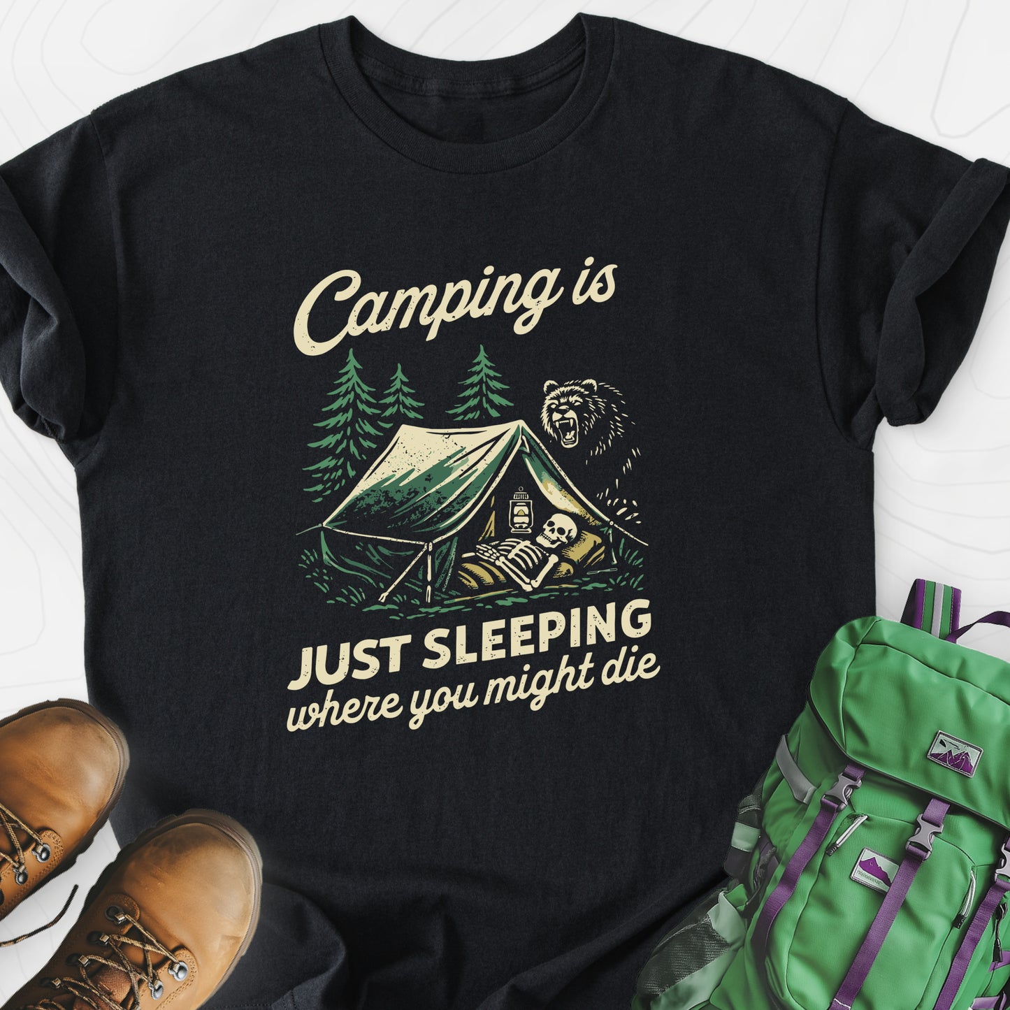 Camping Is Just Sleeping Black front print lightweight T-shirt