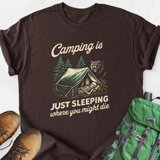 Camping Is Just Sleeping Dark Chocolate front print lightweight T-shirt