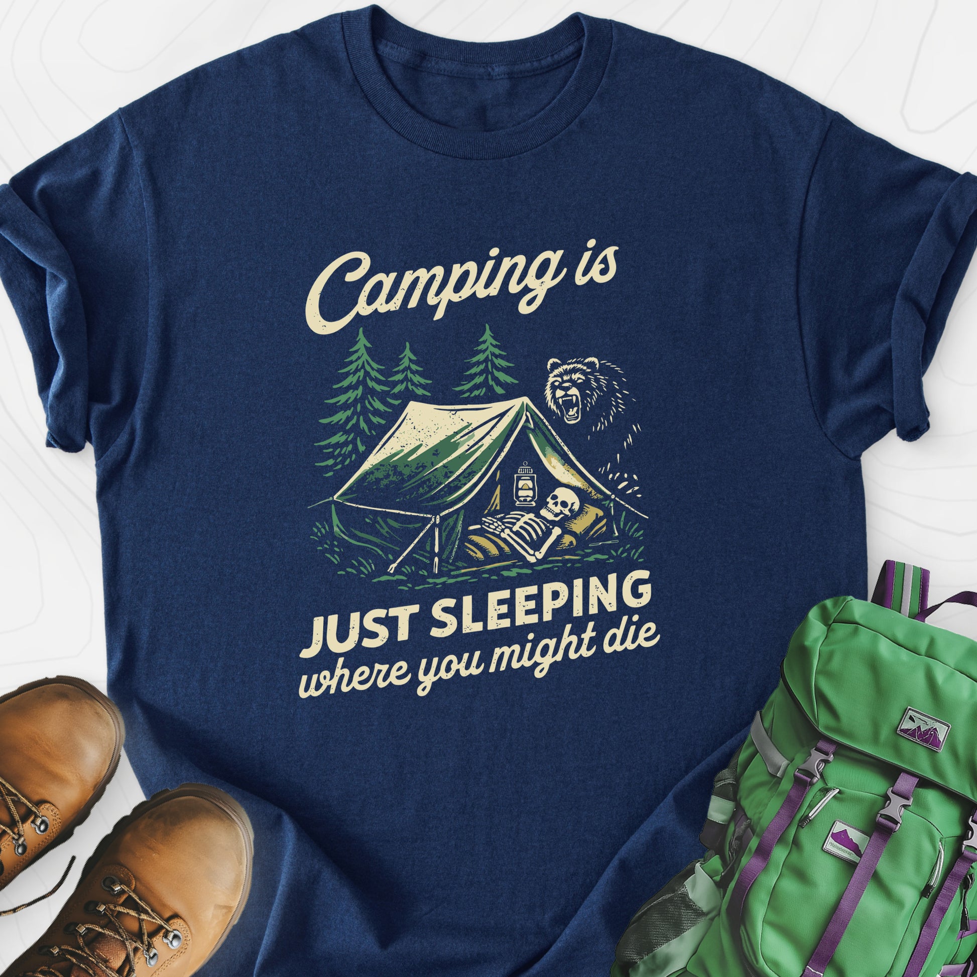 Camping Is Just Sleeping Navy front print lightweight T-shirt