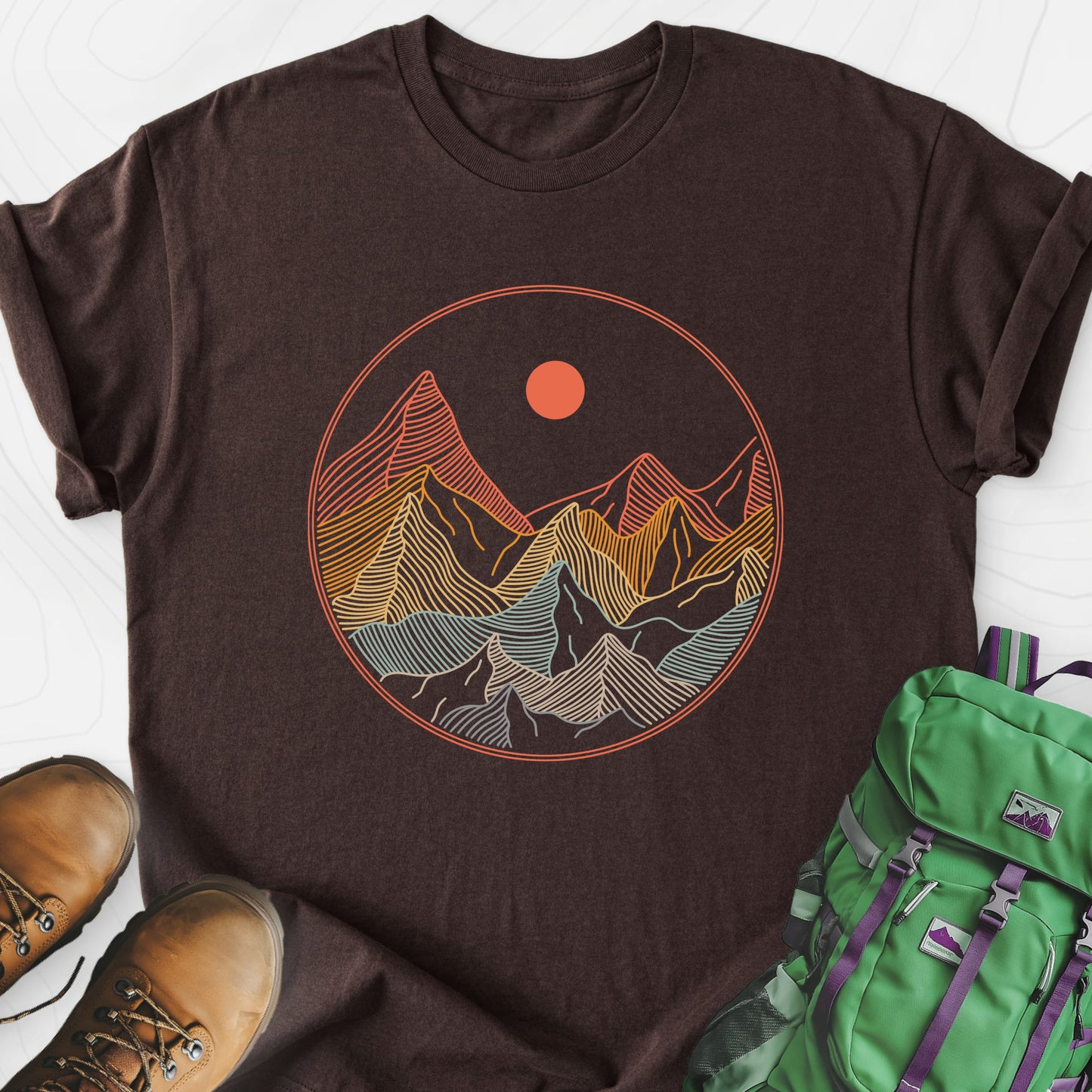 Colorful Mountains Dark Chocolate front print lightweight T-shirt