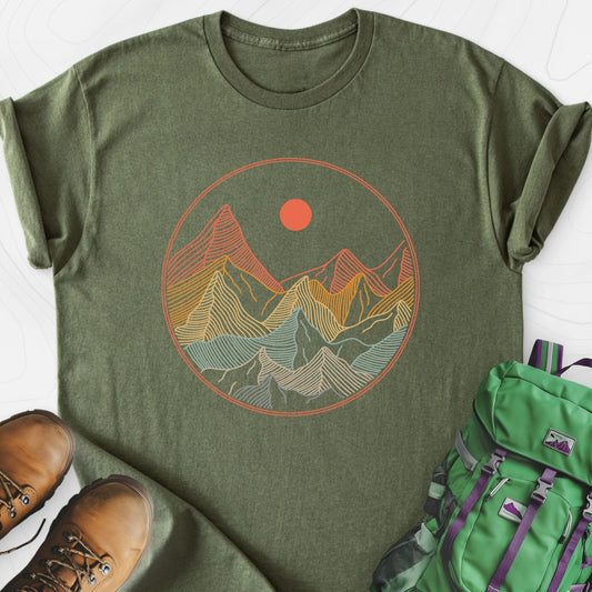 Colorful Mountains Military Green front print lightweight T-shirt