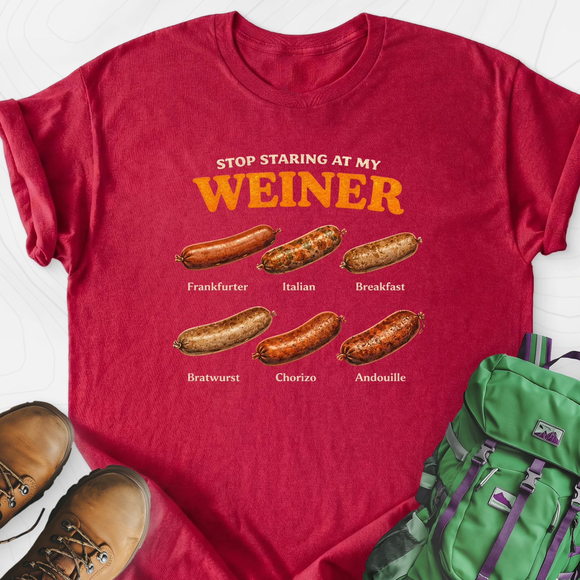 Stop Staring At My Weiner Heather Red front print lightweight T-shirt