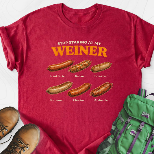 Stop Staring At My Weiner Heather Red front print lightweight T-shirt