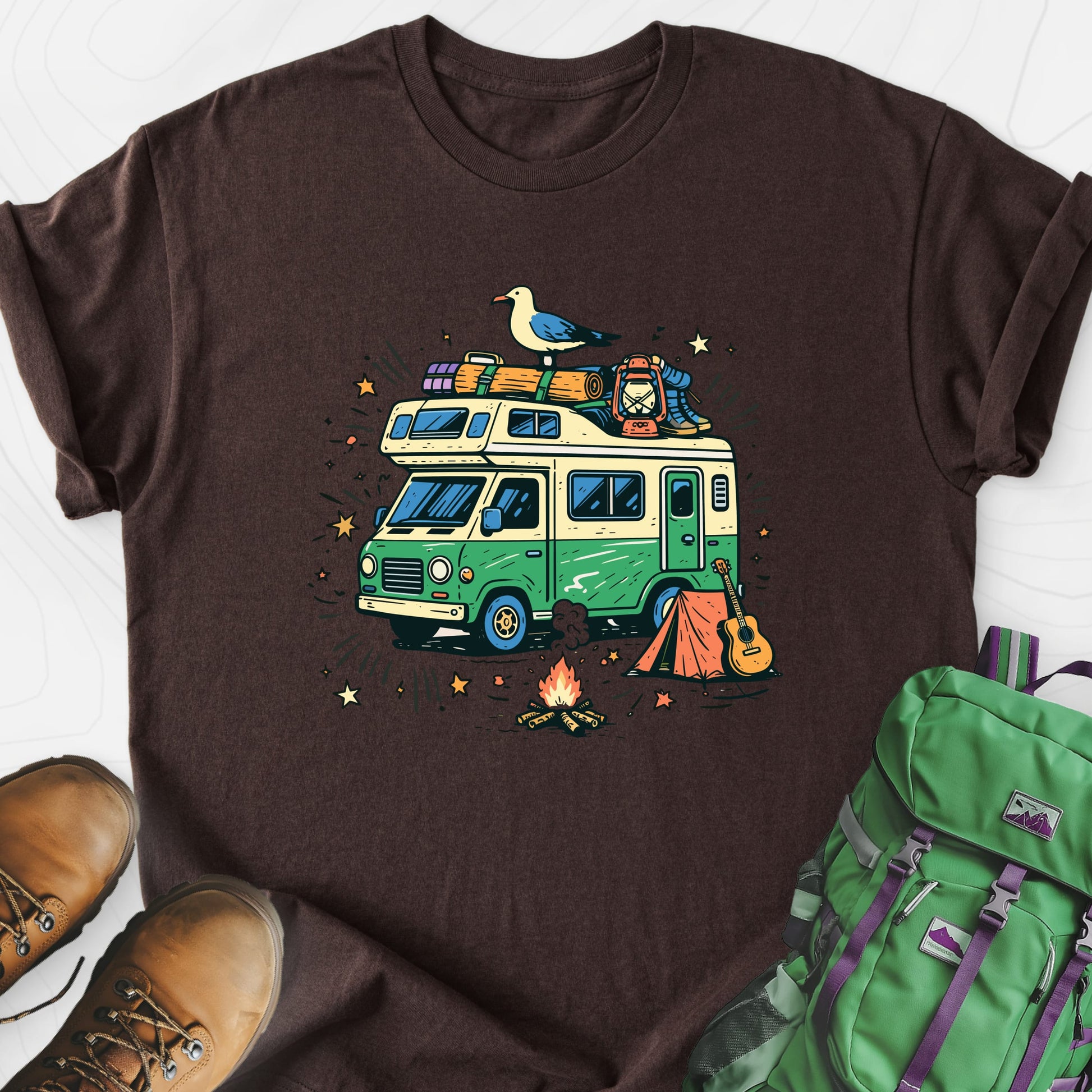Adventure Camper Dark Chocolate front print lightweight T-shirt