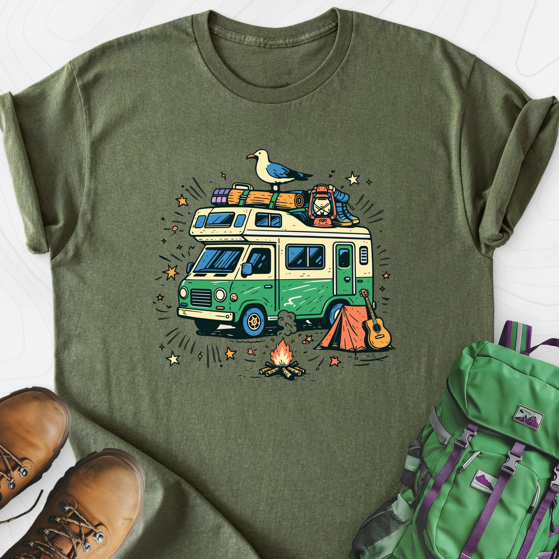 Adventure Camper Military Green front print lightweight T-shirt