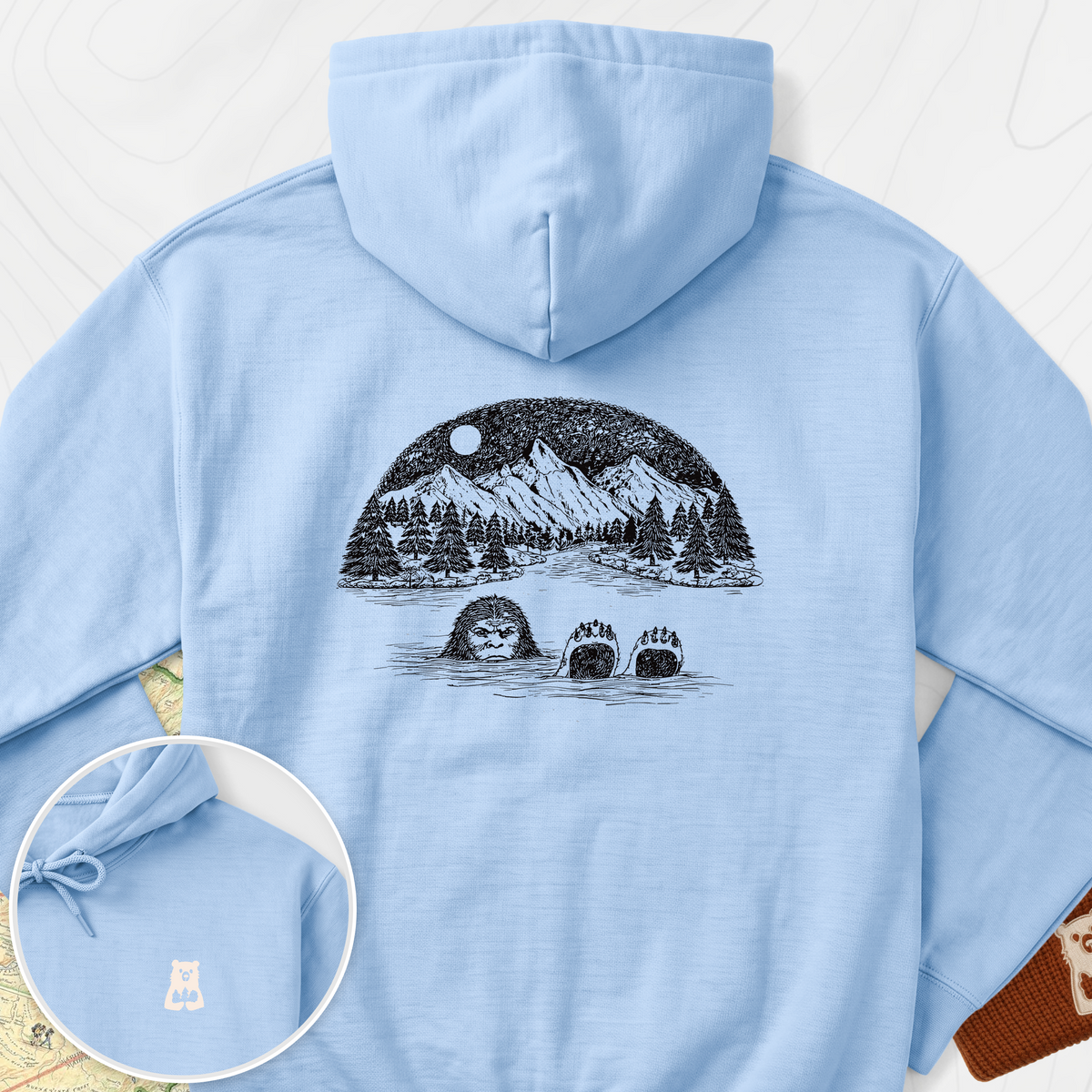 Lake Bigfoot Back Print Hoodie - Light Blue