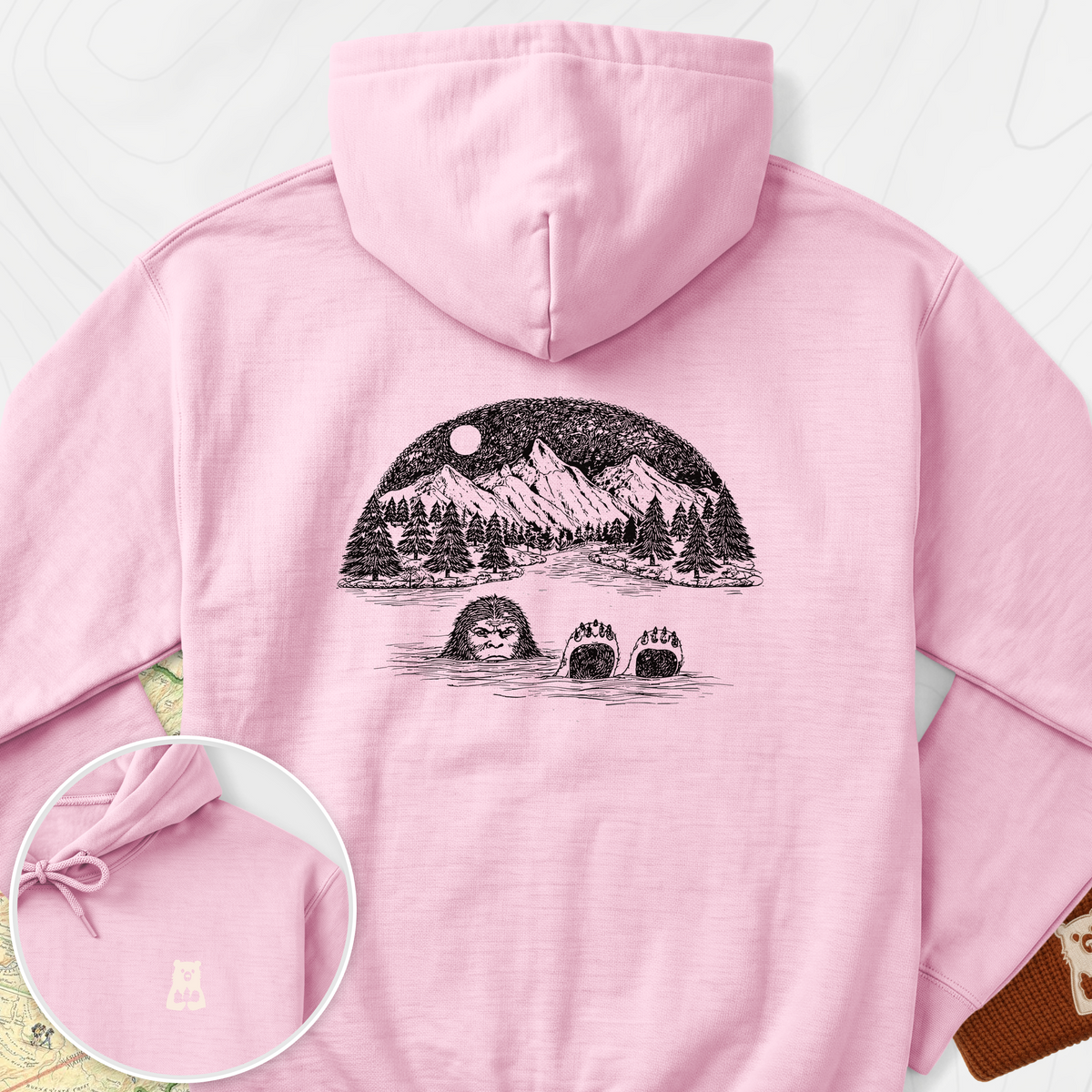 Lake Bigfoot Back Print Hoodie - Light Pink