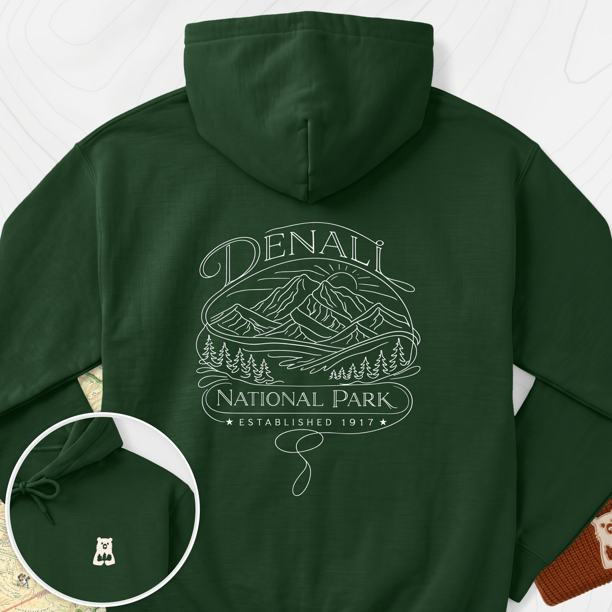 Denali National Park Back Print Hoodie - Forest Green