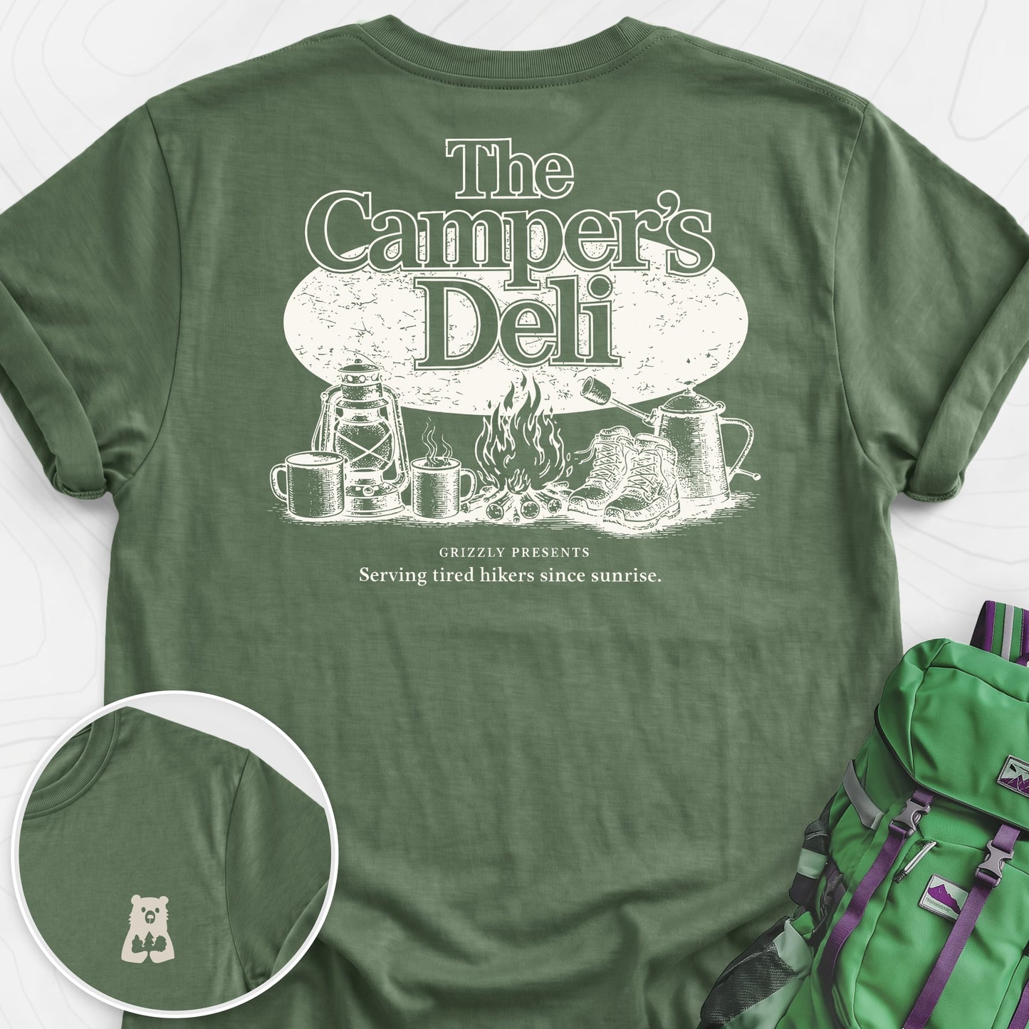 Campers Deli Military Green back print lightweight T-shirt
