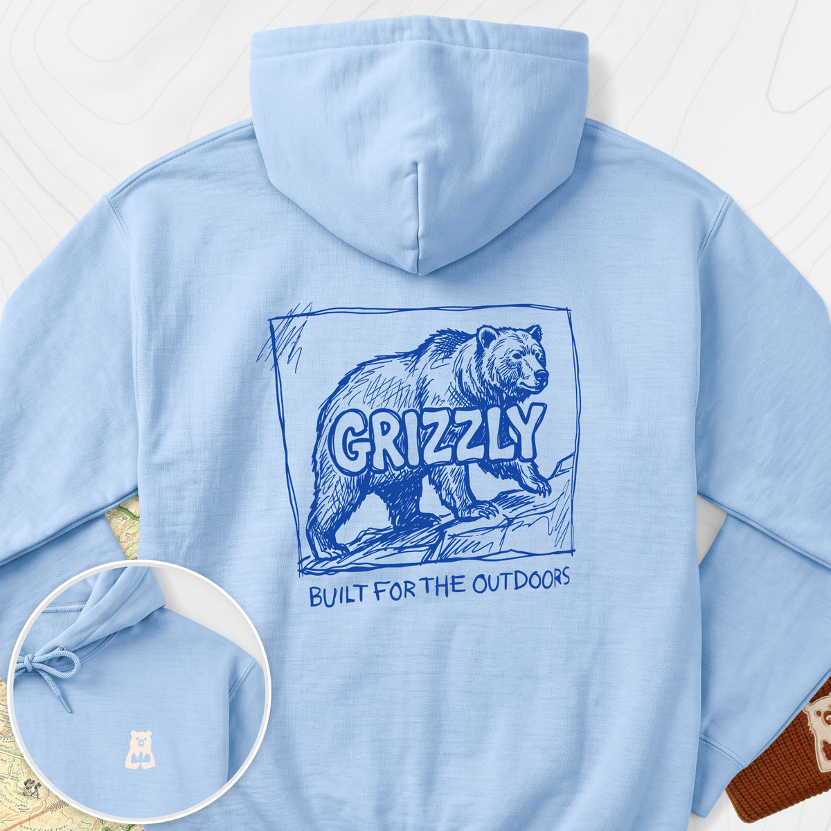 Grizzly Bear Back Print Hoodie - Light Blue