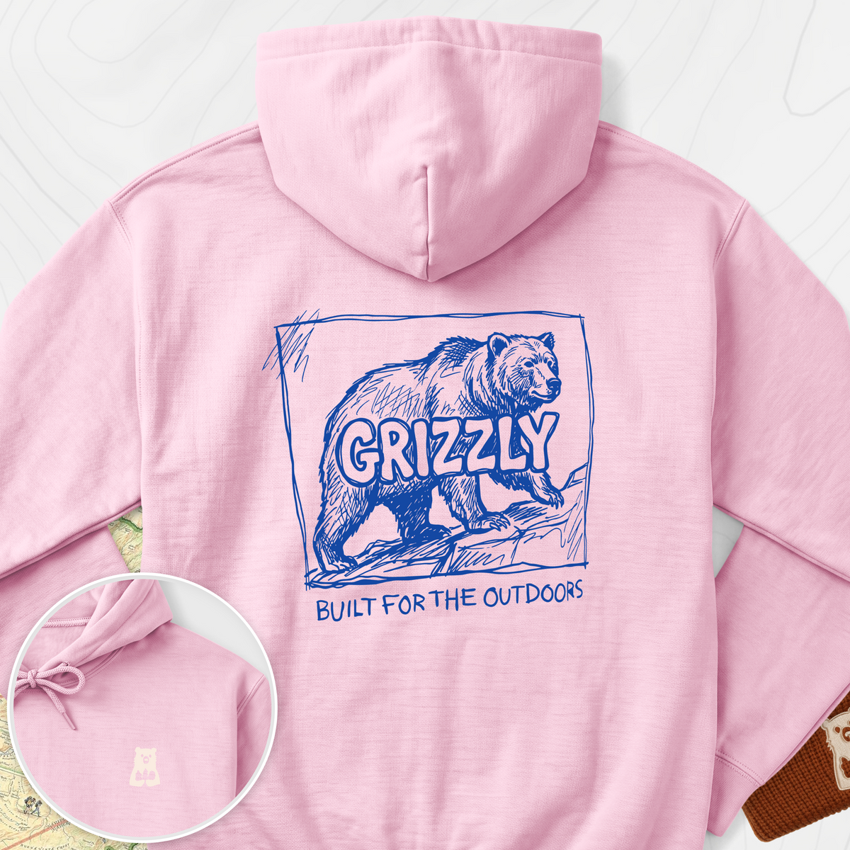 Grizzly Bear Back Print Hoodie - Light Pink