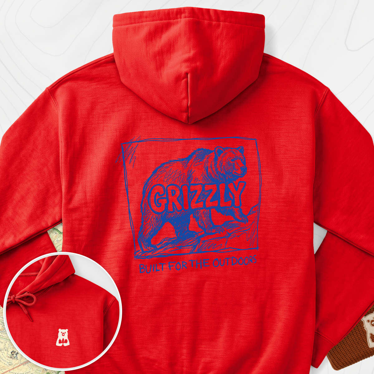 Grizzly Bear Back Print Hoodie - Red