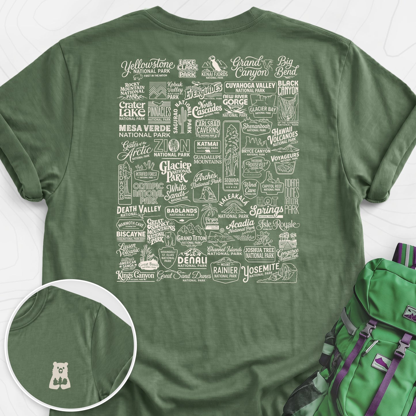National Parks Military Green back print lightweight T-shirt