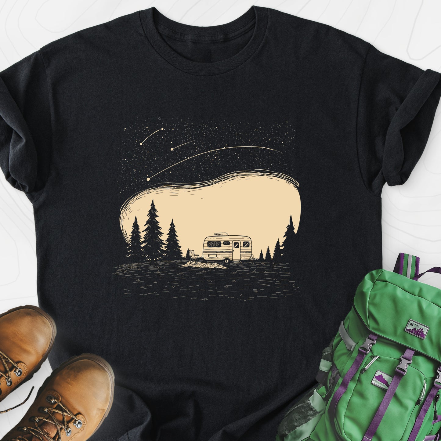 Shooting Star Camper Black front print lightweight T-shirt