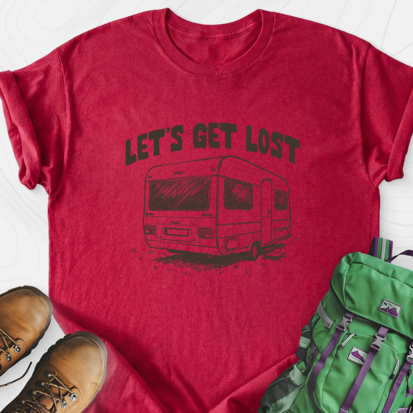 Let's Get Lost Camper Heather Red front print lightweight T-shirt