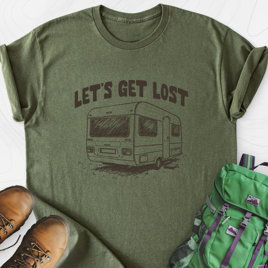 Let's Get Lost Camper Military Green front print lightweight T-shirt
