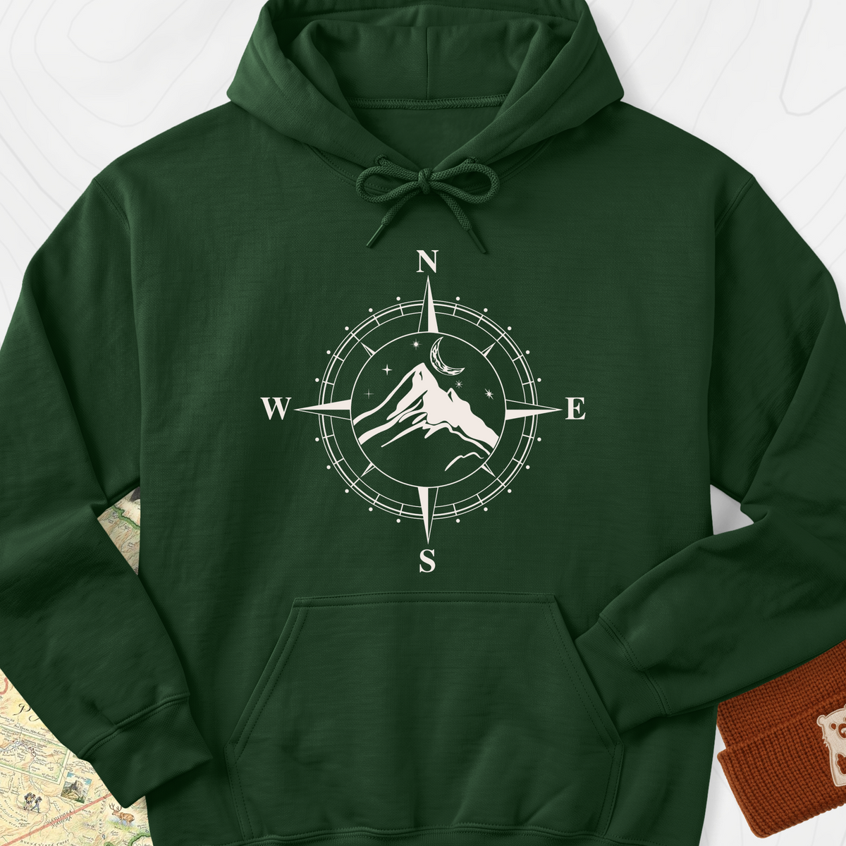 Compass Mountains Hoodie - Forest Green